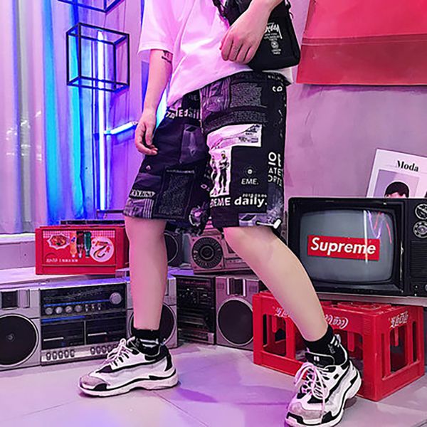 

high waist brand shorts male printed trendy mens shorts casual elastic pantalones cortos hombre 100% polyester trousers 40x062, White;black