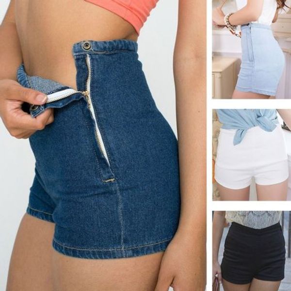 

summer women slim high waist jeans denim tap short shortstight a side button, White;black