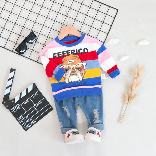 

2019 новый стиль дети с длинным рукавом с дыры cowboy hoodie мальчика костюм мультфильм stripes щенок дети два-piece set, White