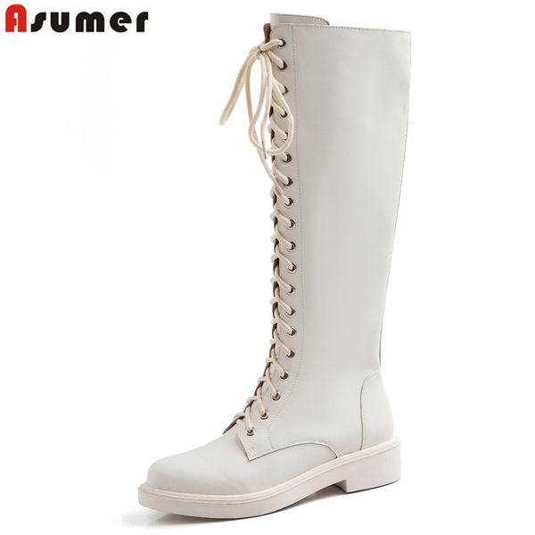 

asumer 2020 fashion genuine leather boots women round toe ladies autumn winer knee high boots cross tied mes heels western, Black