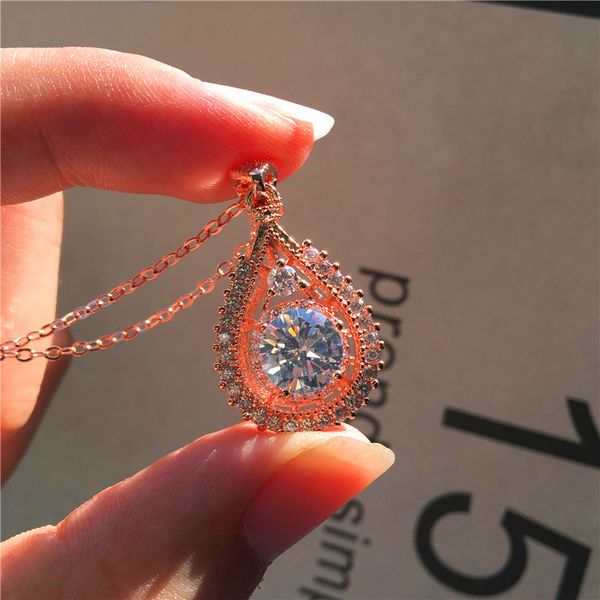 

luxury female crystal zircon stone pendant necklace boho big rose gold chain necklaces for women vintage wedding jewelry, Silver
