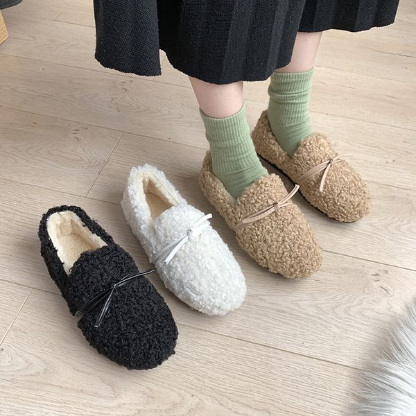 

hipping2019 style furry shoes women's autumn flat bottom one pedal lazy beanie shoes plus velvet outer wear women's, Black