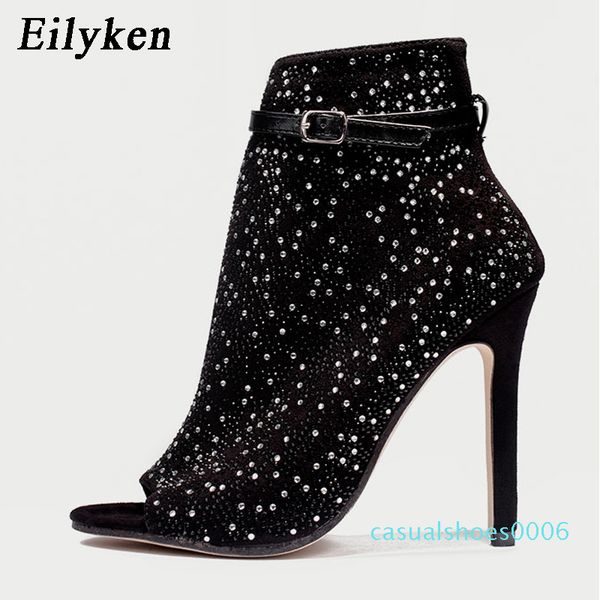 

eilyken 2020 new women crystal sandals ankle straps buckle transparent cover heel pumps ladies sandals party shoes size 35-43 c06, Black