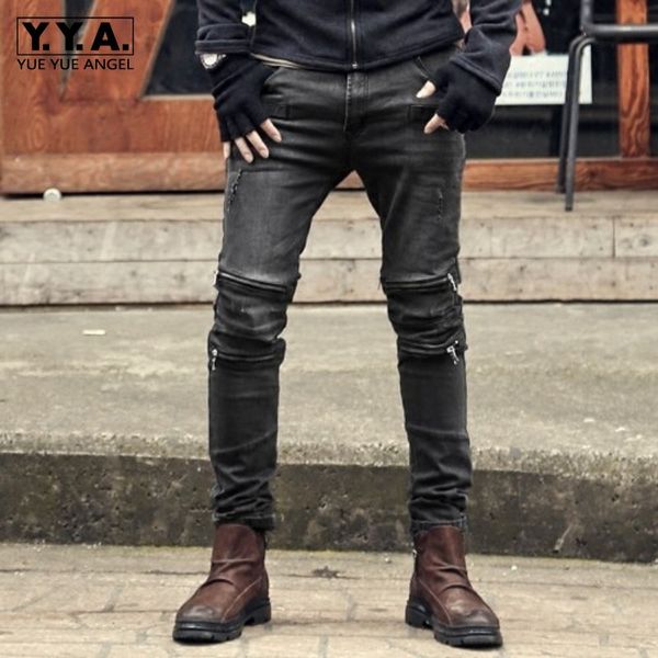 

2020 spring new vintage zipper men slim stretch jeans high street pockets casual pencil pants fashion biker denim trousers, Blue