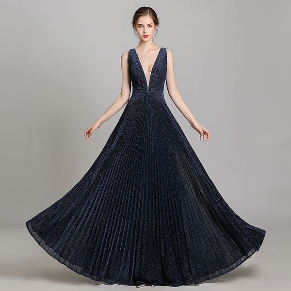 

new soft fabric v neck evening dresses 2020 navy blue backless a line pick-ups shining formal occasion prom gown real image, Black;red