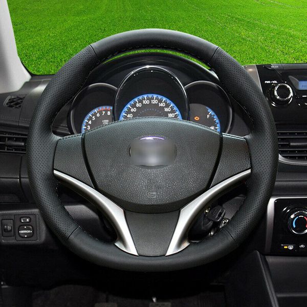 

black leather black stitch custom car steering wheel cover for toyota vios 2014+