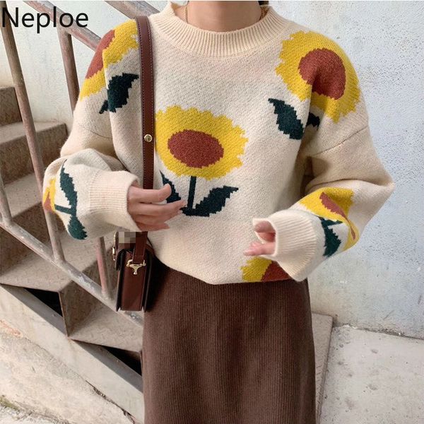 

neploe japan harajuku style knit pullover sweater loose crazy style sunflower patch pull femme hiver warm o neck sueter jersey, White;black
