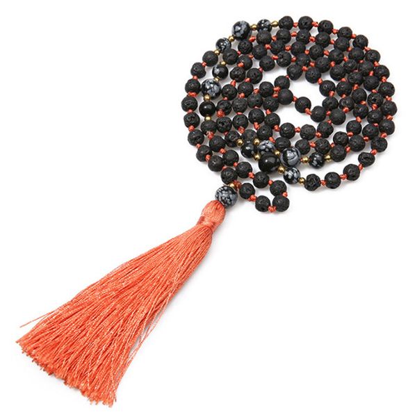 

natural snowflake bead necklace retro woman sweater chain volcanic stone long tassel 108 necklace yoga meditation mala wholesale, Silver