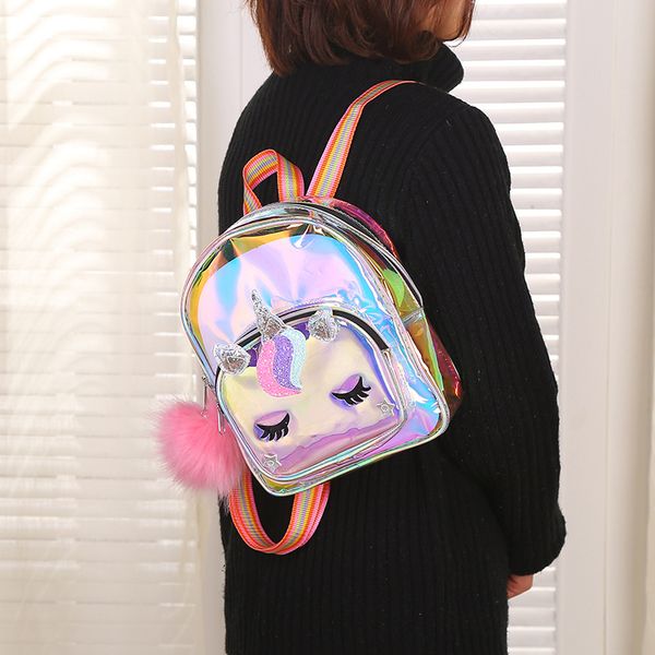 

bling jelly bag unicorn child backpack cute cartoon woman bag waterproof pvc girl bags with pom pom kindergarten school bags