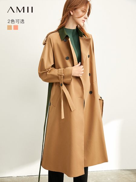 

amii extremely simple british style windbreaker woman 2019 fall new double row buckle impingement color open fork coat, Tan;black