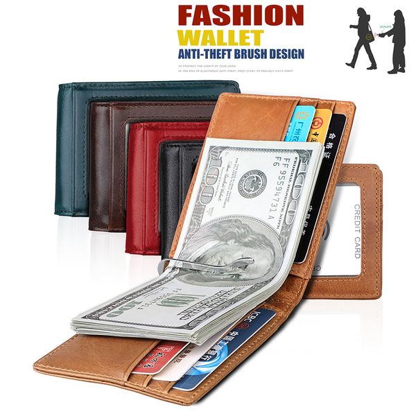 

genuine leather bifold coin purses money clipper men women rfid blocking business card wallet cowhide short wallets banknote pocket 9037#, Red;black