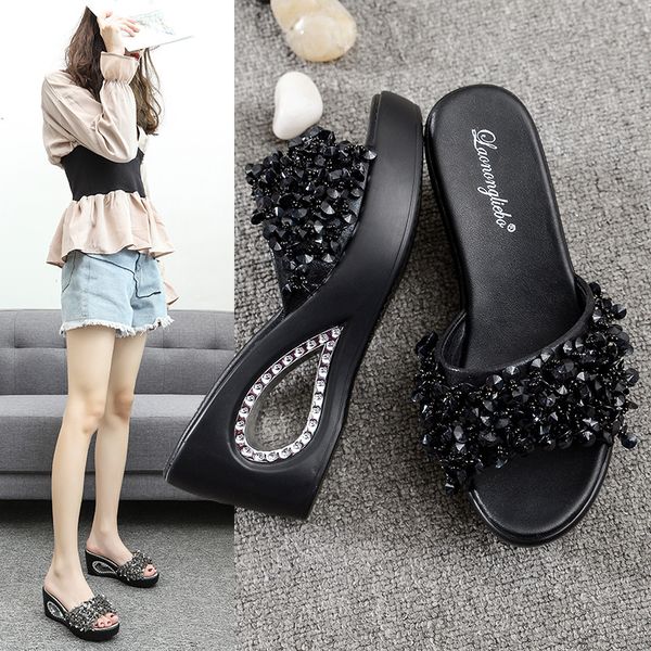 

house slippers platform high-heeled shoes lady on a wedge luxury slides low summer woman slipers women heels soft, Black