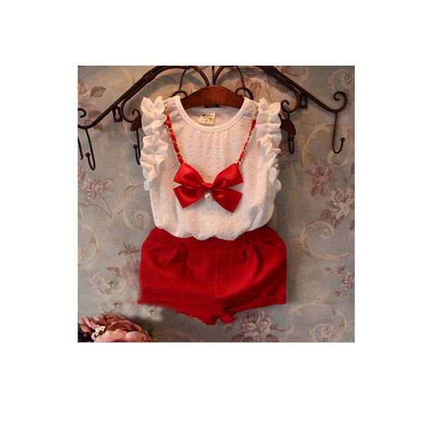 

2017 fashion cute xmas toddler baby girls sleeveless o-neck pullover bow white shirt red short pants 2pcs outfit party