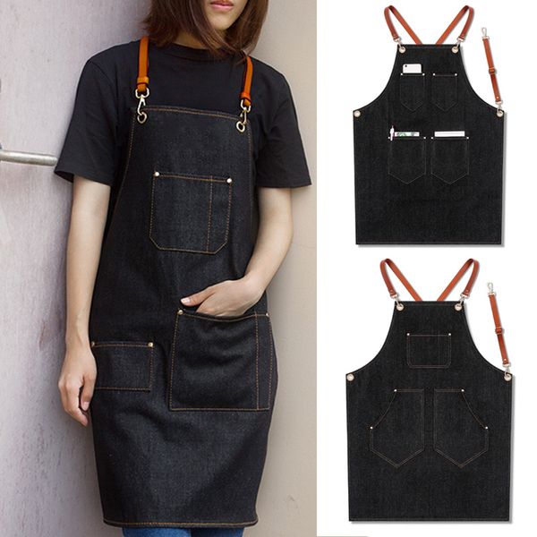 

denim apron strap bib apron barista bartender bbq chef uniform workwear store