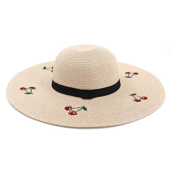 

women foldable straw hat sun uv protection sombrero with embroidery cherry ladies large brim summer beach floppy hat sunhat, Blue;gray