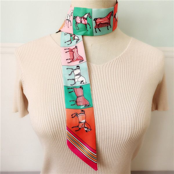 

scarfs designer wholesale double layer simulation silk small streamer women scarves 90cm * 5cm geometry silk small headband square scarf 393, Blue;gray