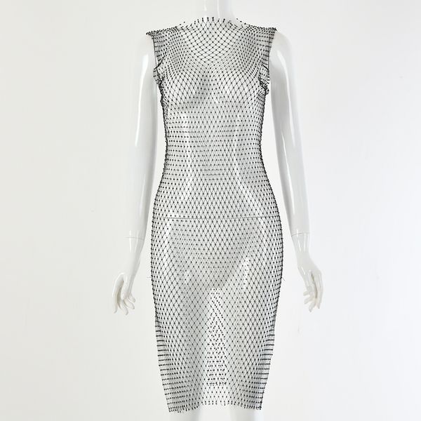 

2020 style grid flash diamond round neck slit dresses for american and american women, White;black