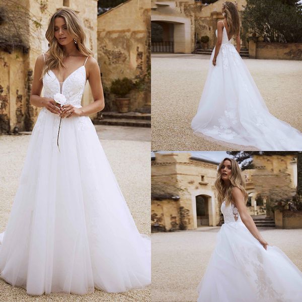 Acheter 2019 Robe De Mariée Plage Une Ligne Bretelles Spaghetti Boho Robe De Mariée En Dentelle Appliques Dos Nu été Boho Robes De Mariée De 9966 Du