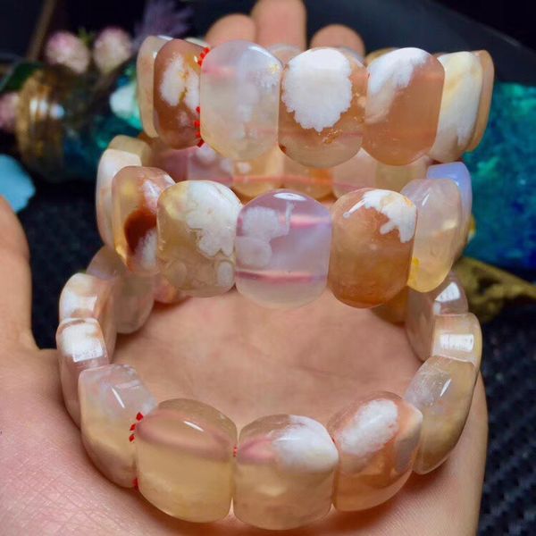 

genuine natural cherry agate rectangle beads bracelet gemstone crystal stretch bracelet bangles for women femme size 18x13mm, Golden;silver