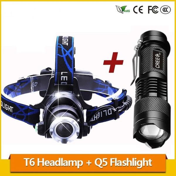 

zoom 3800lm cree t6 led headlamp headlight rechargeable 18650 battery head lamp + cree q5 mini led flashlight zoomable tactical torch car