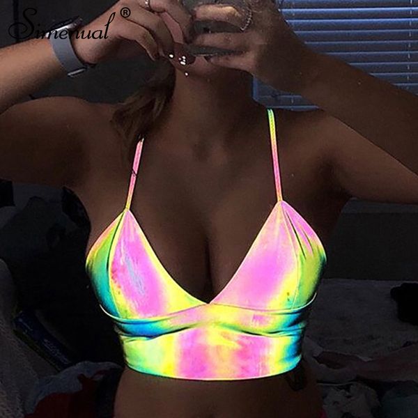 

AprilGrass Simenual V Neck Sexy Holographic Bralette Crop Top Strap Reflective Fashion Camis Hot Summer 2019 Sleeveless Backless Tank Tops