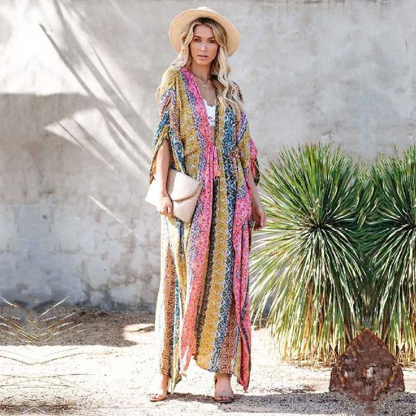 

2020 multicolored bikini cover-ups v-neck long sleeve boho summer beach dress plus size beachwear swimsuit cover up q1085
