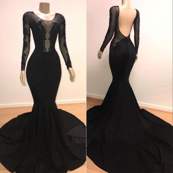 

2019 Mermaid Black Prom Dresses Long Sleeves Sexy Illusion Bodices Lace Applique Backless Formal Evening Gowns Court Train