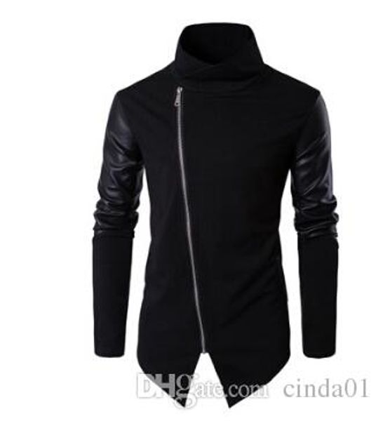 

new men spring sweatshirts zipper hoodies leather patchwork slim male coat men black cool street clothing