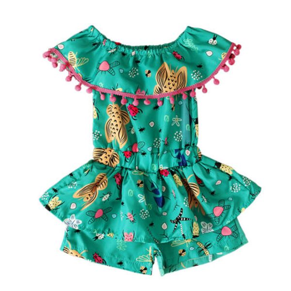 

kids girls green printed jumpsuit 2019 summer toddler baby girl tassel romper ruffles collar jumpsuit shorts outfit clothes 0-4y, Blue