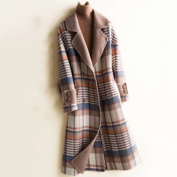 

wool coat in women wool winter double-faced coat warm female loose long-sleeved plaid woolen plus long, Black