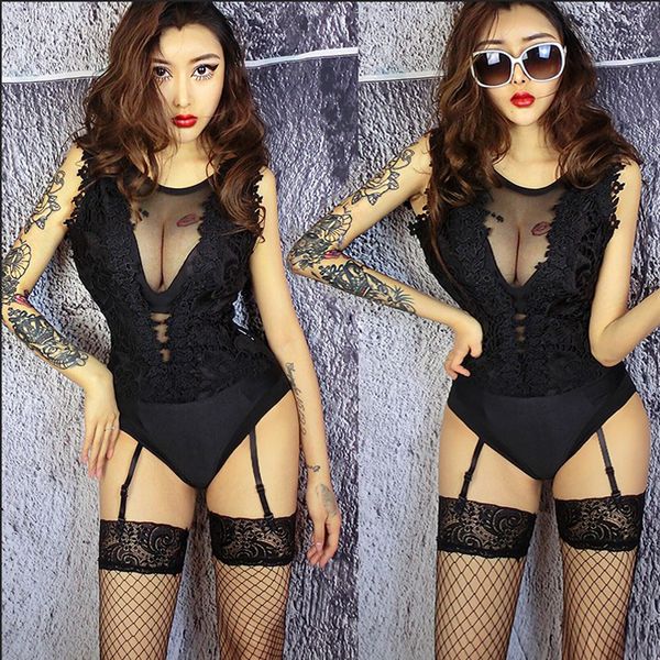 

new nightclub ds perform clothing stage costume female singer dj gogo lace mesh deep v jumpsuit one pieces bodysuit dwy1813, Black;red