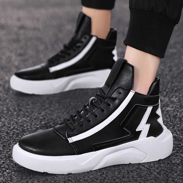 

new mens leather ankle boots autumn winter sneakers high casual running shoes lace-up man hard-wearing fashion punk zapatos, Black