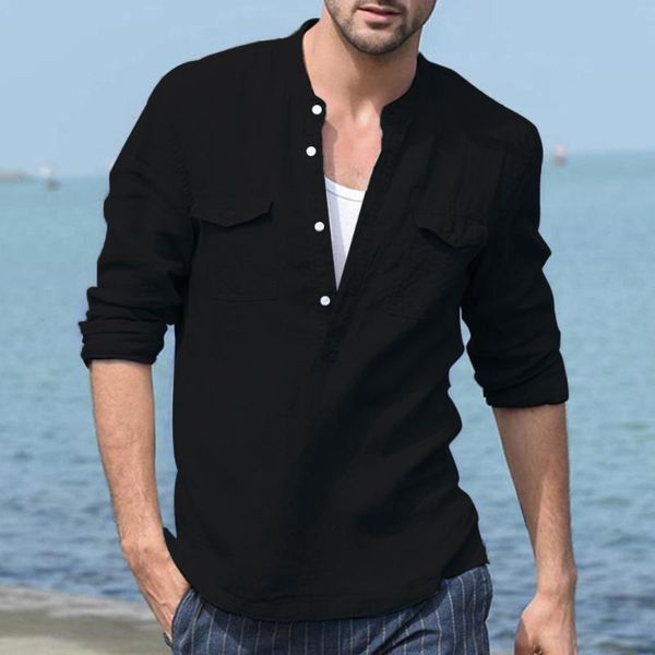 

men's casual shirts summer linen shirt baggy cotton pocket solid color long sleeve retro collar hawaiian camisa masculina, White;black