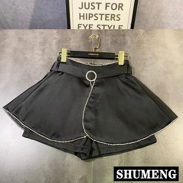 

2020 summer new heavy rhinestone chain edge high waist shorts skirt solid color women streetwear retro short skirt lady shorts, Black