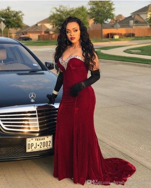 2020 Burgundy Velvet Black Girls Prom Dresses Sweetheart Beading