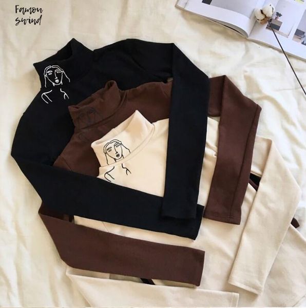 

2019 новая футболка моды женской одежды осень новый высокий женщины с длинным рукавом тонкий printed воротник женщины перевозка груза падени, White