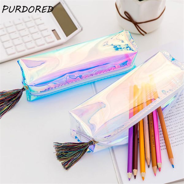 

purdored 1 pc laser cosmetic bag hologram holographic makeup bag iridescent student pencil case pvc clear tassel makeup