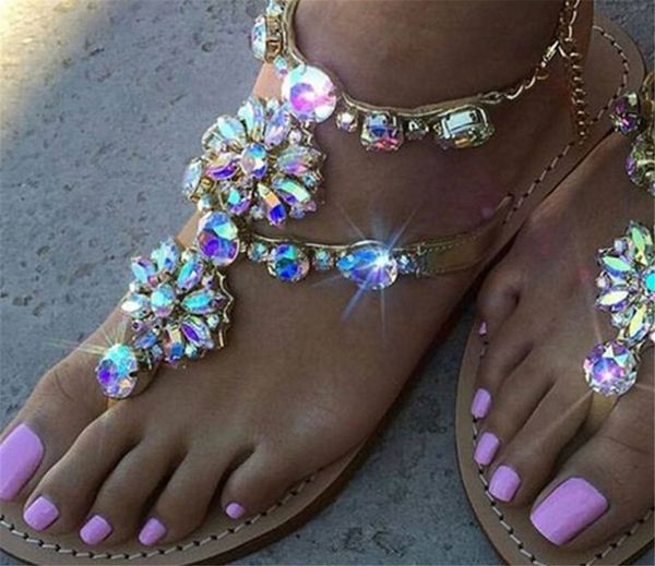 

Women Designer Sandals Womens Summer Beach Shoes Large Size 42 Flat Bottom Chain Water Drill Bright Colors Hot Sale Newest Summer Girls Shos