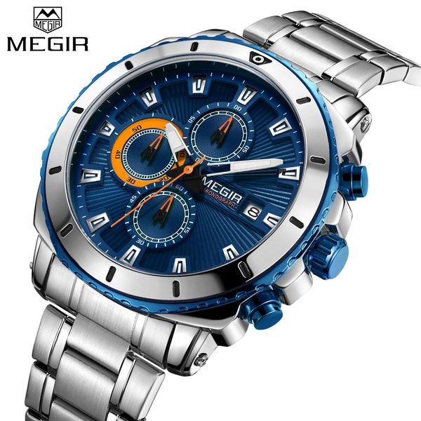 

2018 megir sport watch men quartz wristwatch date chronograph waterproof steel strap male clock relogio masculino, Slivery;brown