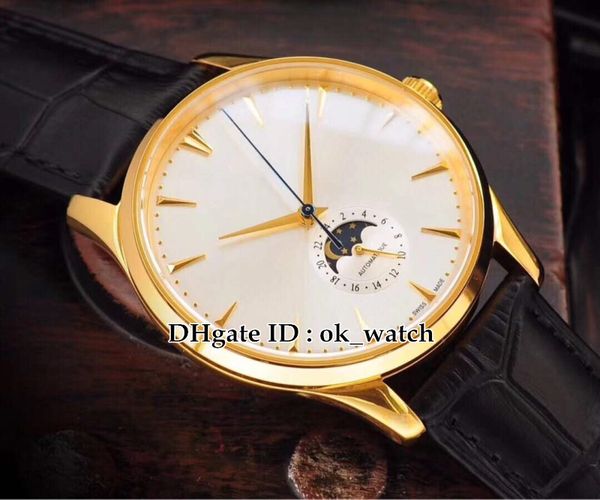 

3 colors new master ultra thin gold case 1362520 automatic mens watches moon phase silver dial steel case leather strap gents new watches, Slivery;brown