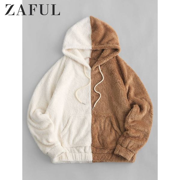 

zaful front kangaroo pocket two tone fluffy loose hoodie for women long sleeve two color patchwork fur coat warm ladies, Black
