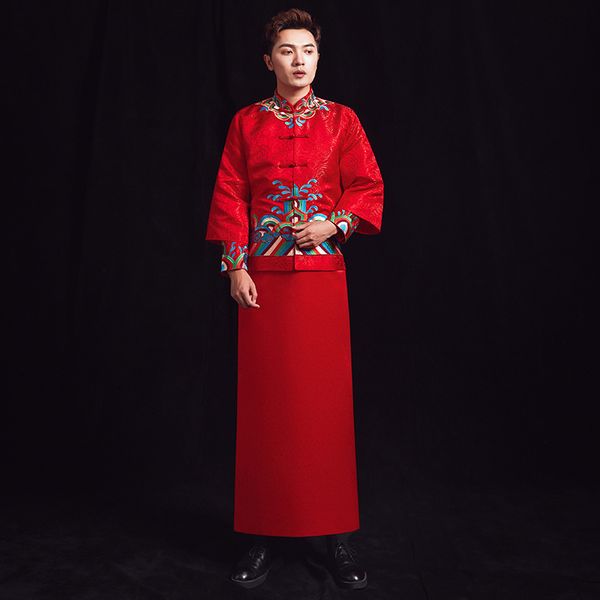 

red chinese ancient male marraige set classic embroidery royal bridegroom coat+robe wedding clothes traditional men tang suit
