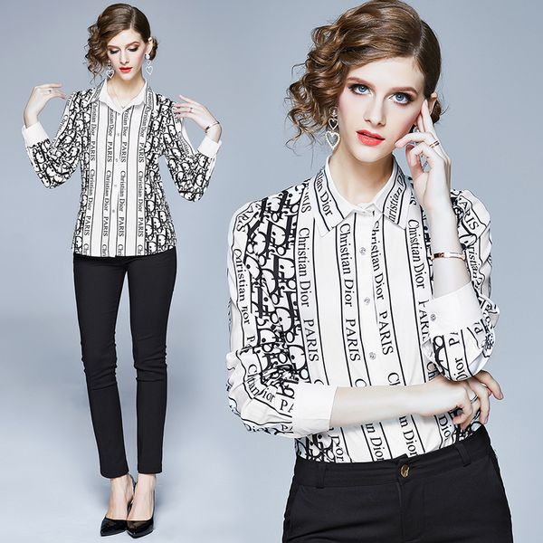 

new 2020 women letter shirt button front cardigan long sleeve spring runway ol ladie printed office lapel neck long sleeve slim blouse, White