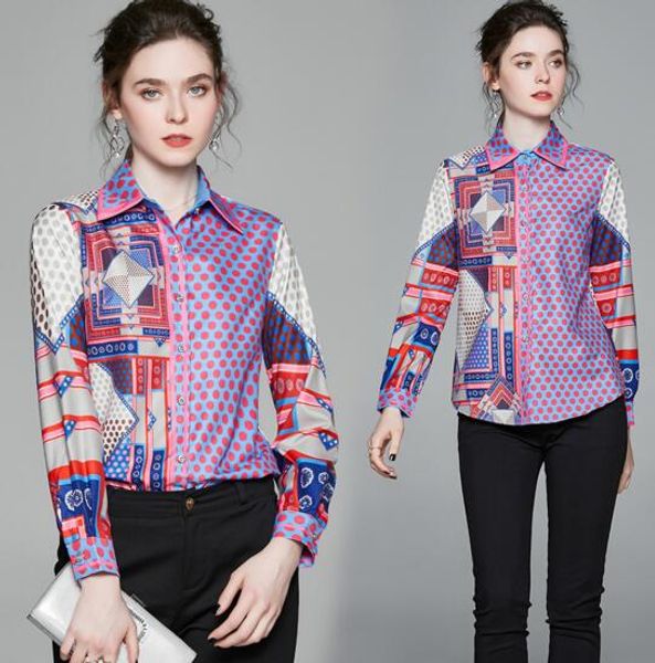 

spring new ladies printed long sleeve lapel temperament slim shirt, White