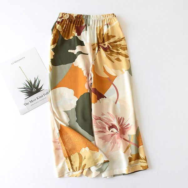 

2020 новый повседневный свободные дамы сна днища листья печатных лето мягкий хлопок атлас простой стиль широкие ноги femme домашняя одежда б, Black;red