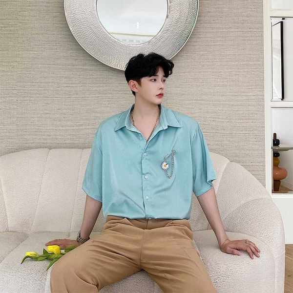 

summer fashion trends 2020 men daisy brooch shirt short sleeve button casual dress shirt blouse cardigan camisa masculina 2xl, White;black