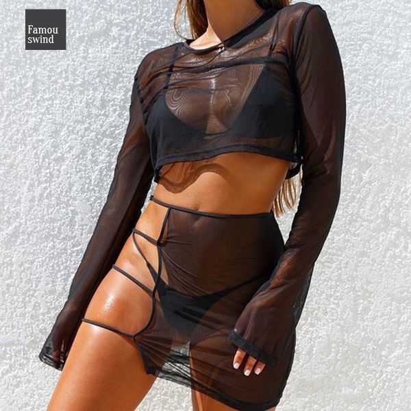 

sheer sexy mesh club 2 v neck two комплекты женские комплекты see through crop tops длинным рукавом мини bodycon юбка, Gray