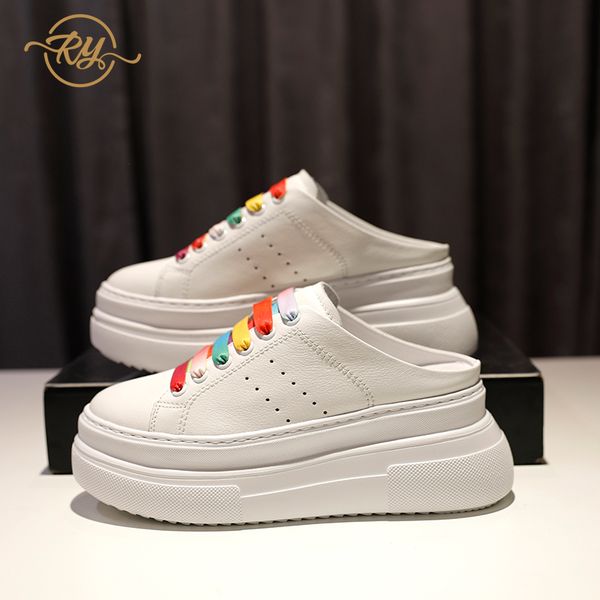 

ry-relaa 2020 spring and summer new small white shoes female wild net red ocean half slippers low-rainbow flat ins tide shoe, Black