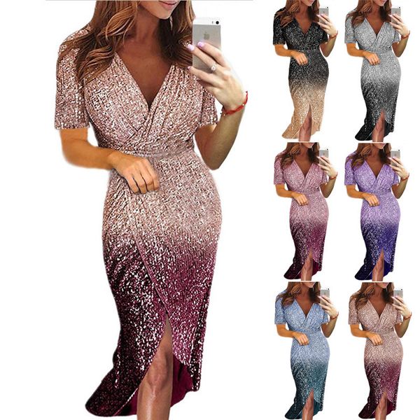 

2020 amazon wish women's european and american long dress evening dress short sleeve gradient sequin evening, White