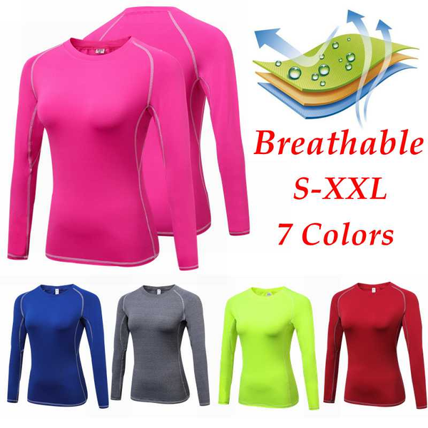 

new women quick dry compression tights fitness exercise training sports running yoga workout long sleeve t shirts, White;red